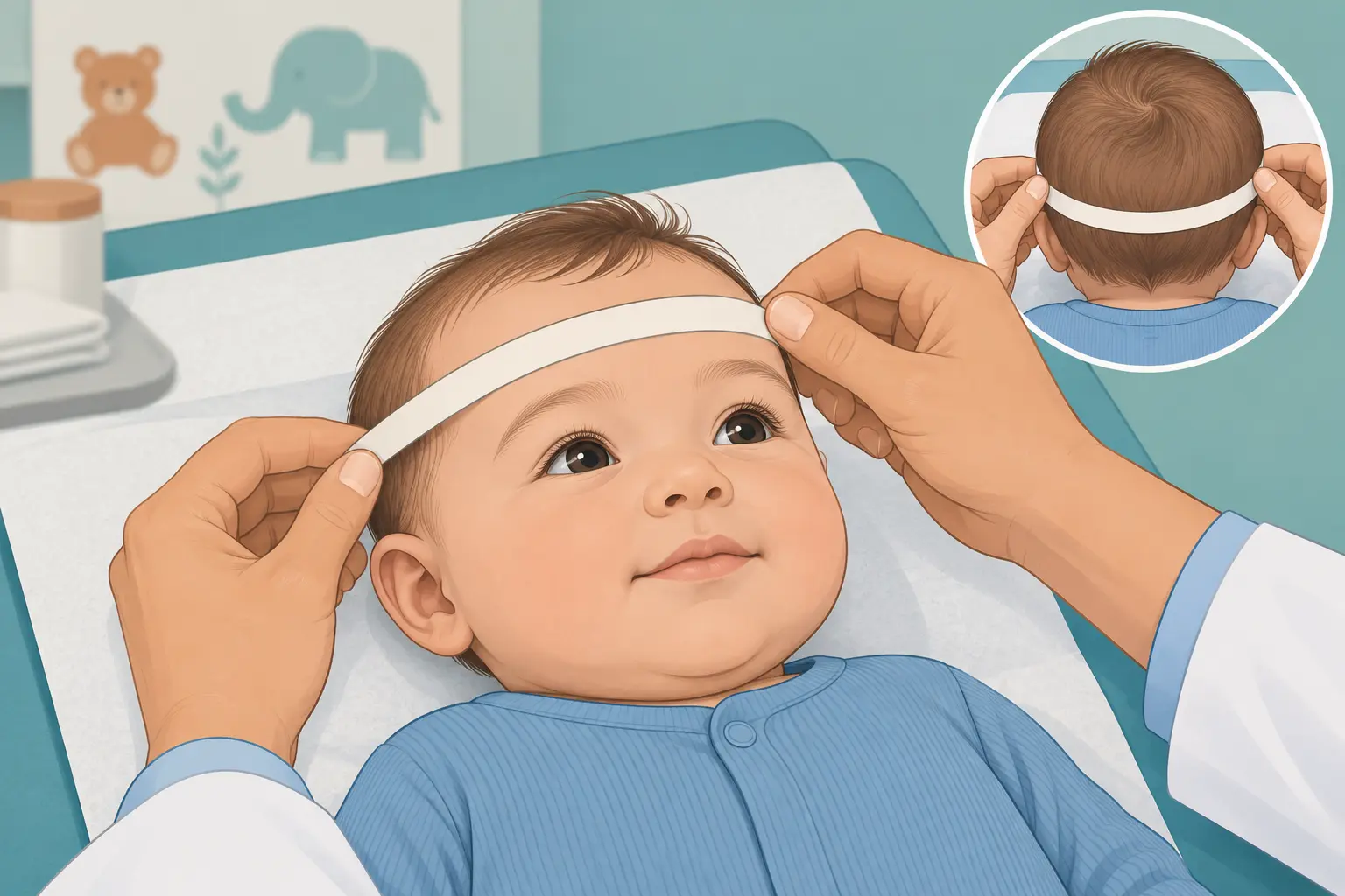 Fita métrica de pano envolvendo a cabeça de um bebê deitado, segurada pela mão de um adulto.