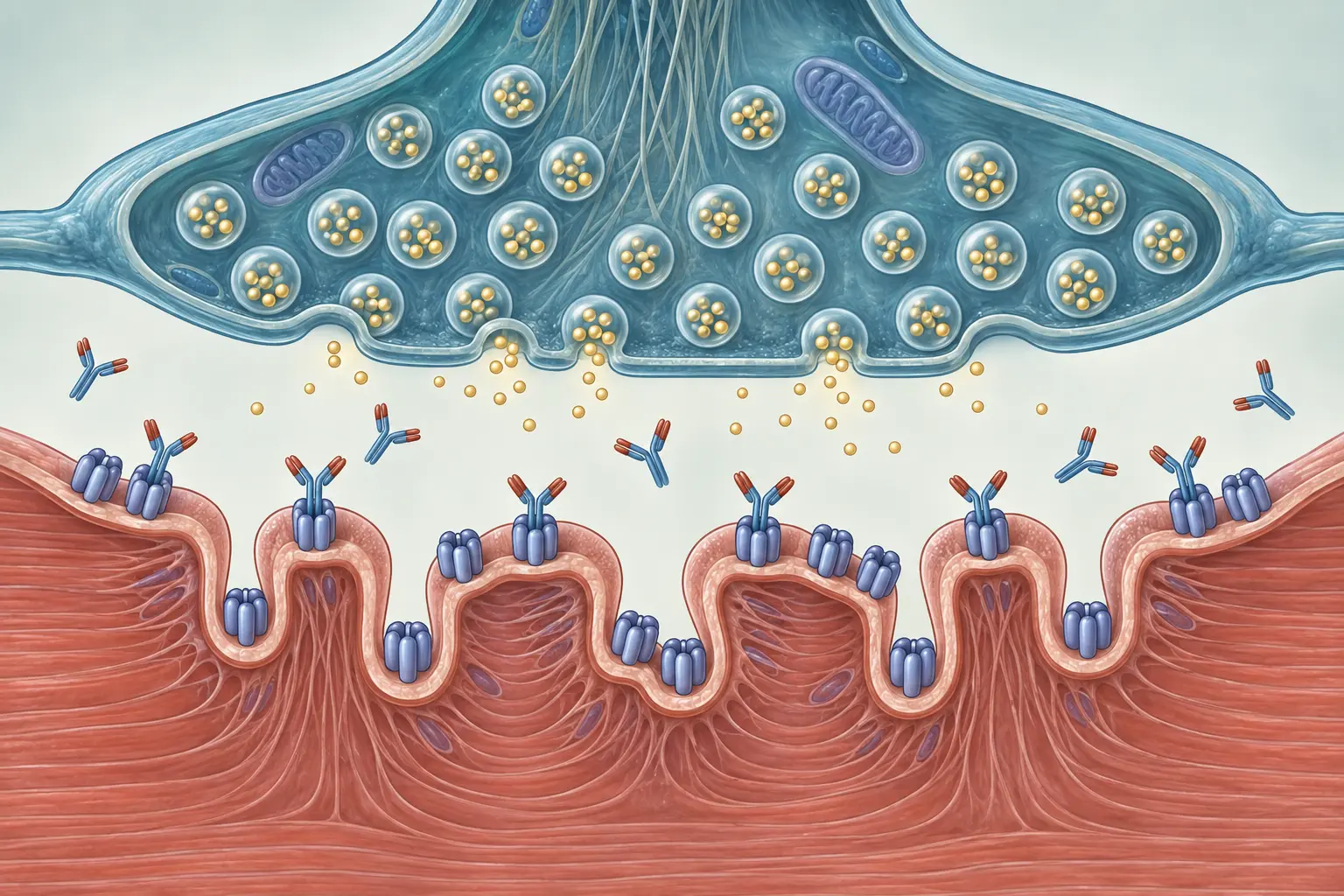 Junção neuromuscular ampliada: terminal nervoso com vesículas, fenda sináptica e membrana muscular pregueada, com anticorpos em forma de ípsilon ancorados nos receptores.