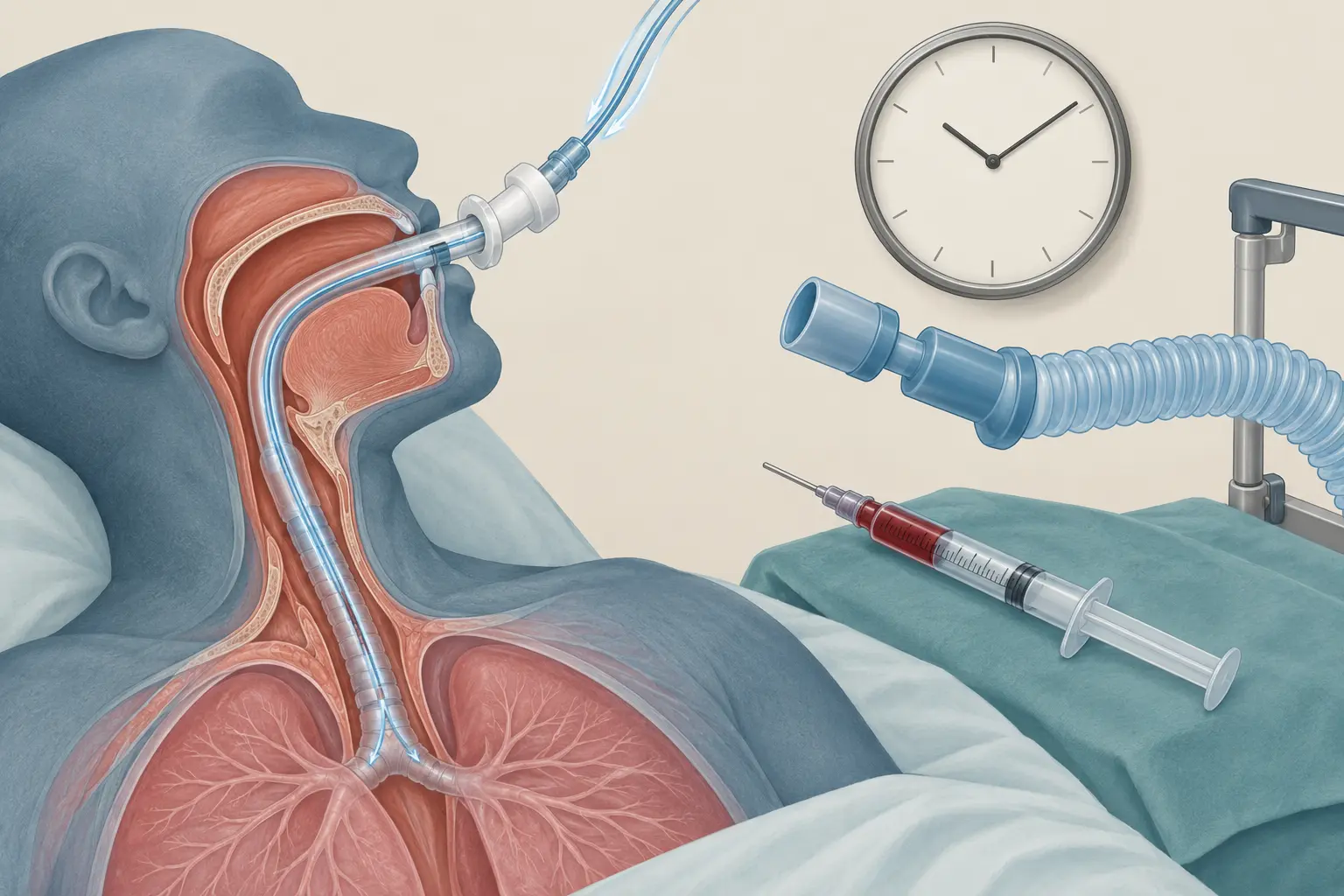 Silhueta de cabeça e tórax com tubo orotraqueal, circuito do ventilador desconectado ao lado, cateter de oxigênio dentro do tubo, seringa de gasometria e relógio de mostrador liso.