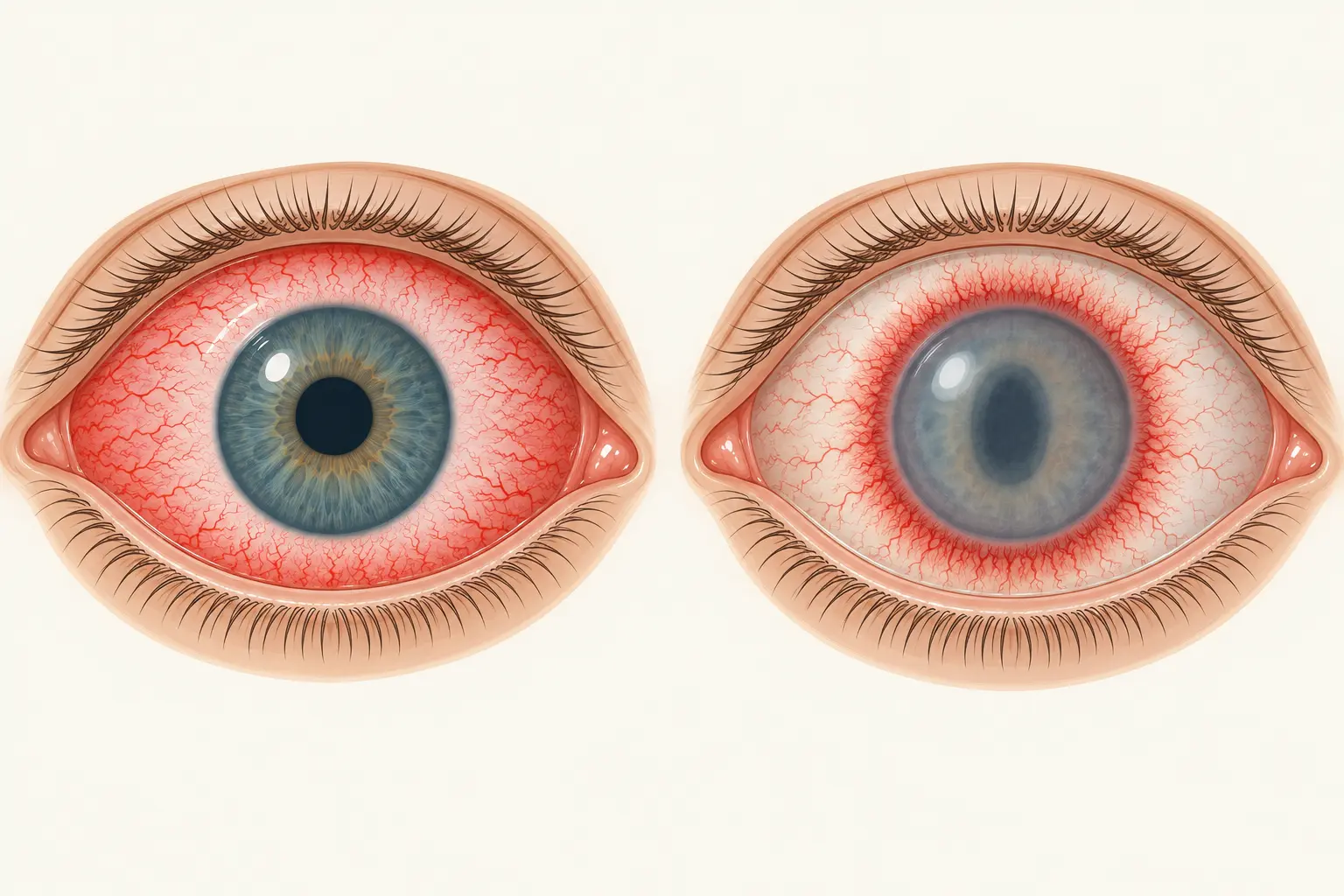 Dois olhos vistos de frente: à esquerda, vermelhidão espalhada por toda a esclera e mais intensa junto às pálpebras, com córnea transparente e pupila normal; à direita, anel de vermelhidão concentrado em volta da córnea, córnea embaçada e pupila em midríase média.