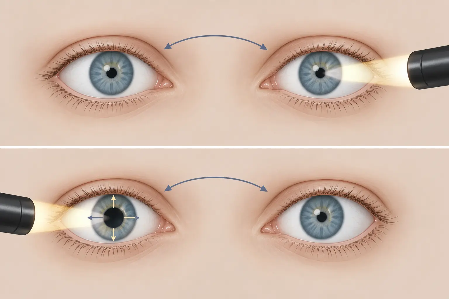 Dois quadros esquemáticos com o mesmo par de olhos, mostrando apenas fenda palpebral, íris e pupila: no primeiro, a lanterna ilumina o olho da direita e as duas pupilas ficam pequenas, ligadas por uma seta curva; no segundo, a lanterna passa para o olho da esquerda e a pupila iluminada aparece maior, com uma seta indicando o alargamento.