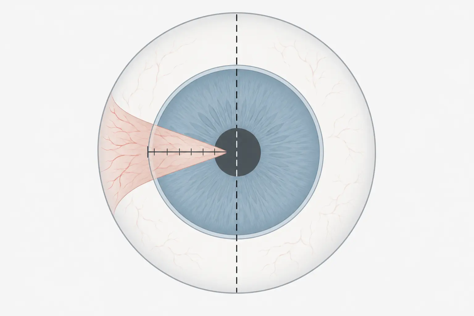 Esquema do segmento anterior visto de frente, com uma faixa triangular de tecido avançando do limbo nasal sobre a córnea, uma linha graduada medindo a extensão do limbo até o vértice e uma linha tracejada marcando o eixo visual.