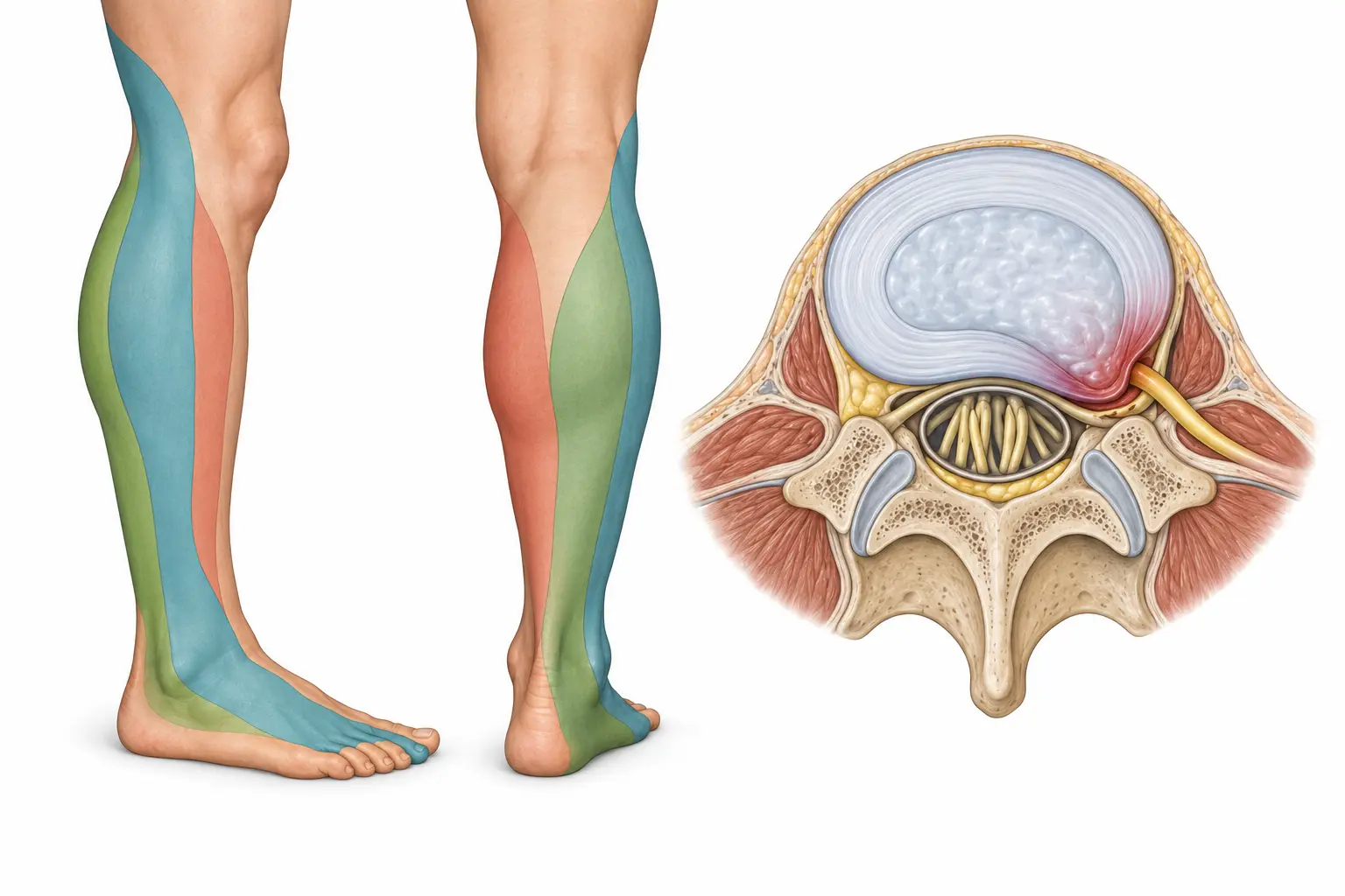 Membro inferior direito com três faixas de dermátomo destacadas em tons distintos e, ao lado, corte de vértebra lombar com protrusão discal posterolateral tocando a raiz nervosa emergente.