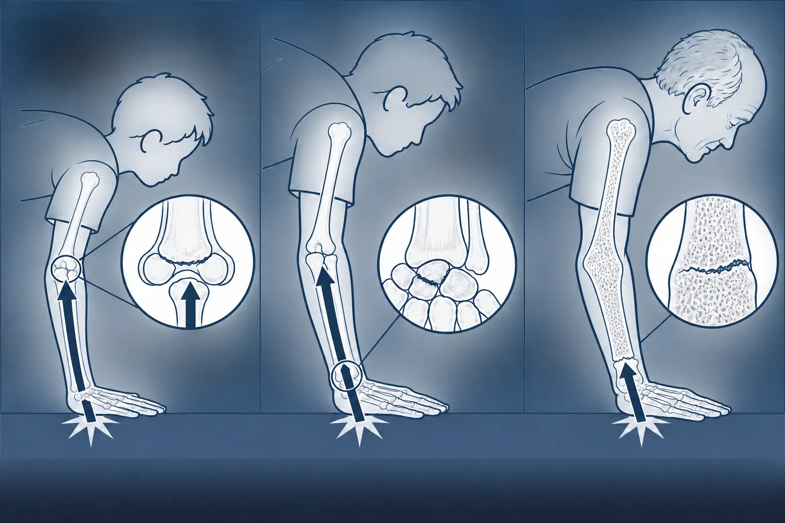 Três painéis com o mesmo braço caindo sobre a mão espalmada, com a seta de energia parando no úmero distal na criança, no escafoide no adulto jovem e no rádio distal no idoso, sobre uma base comum com o nome do mecanismo.