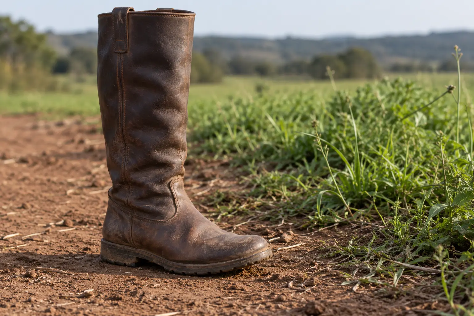 Bota de couro de cano alto no chão de terra ao lado de vegetação rasteira.