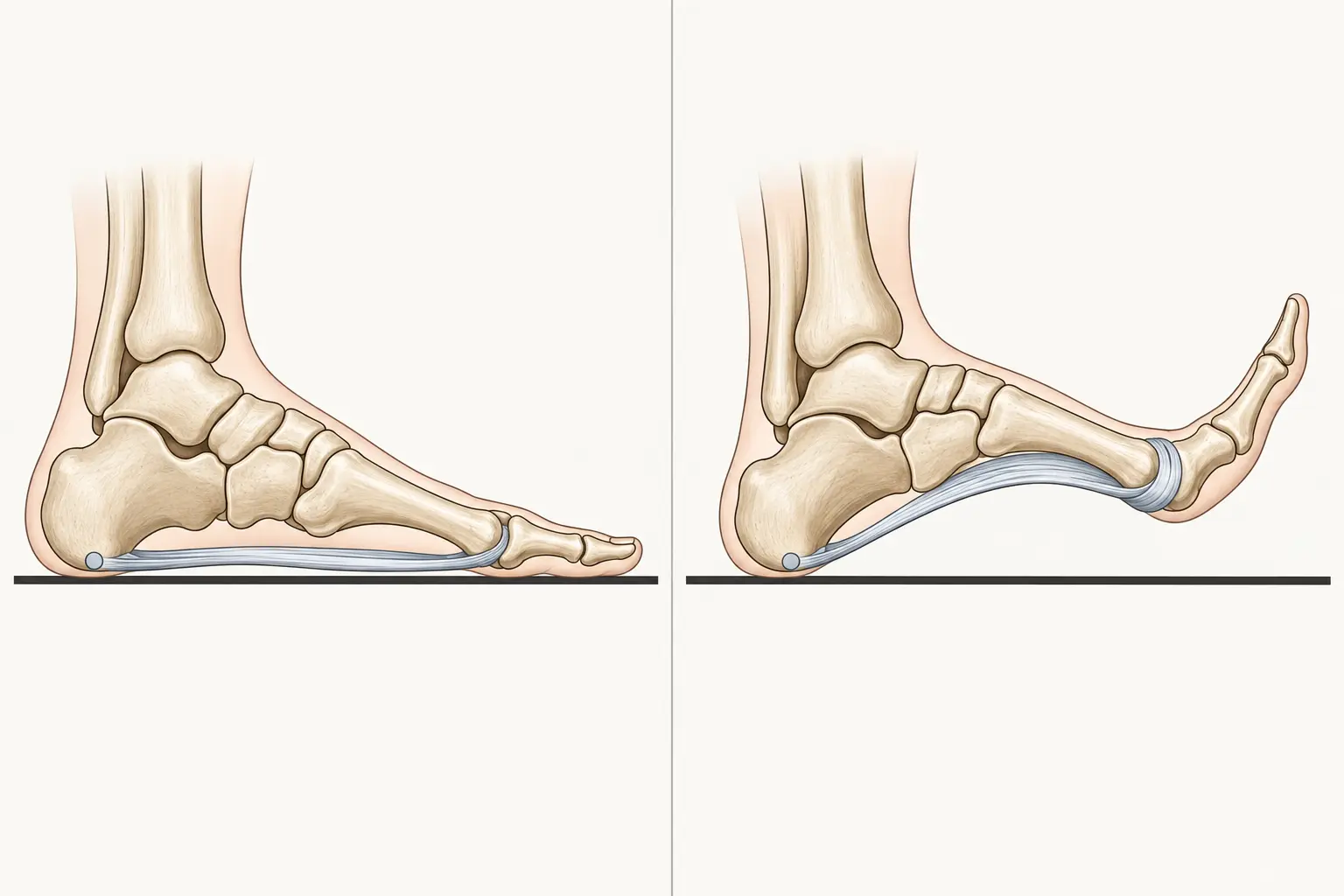Dois painéis com o mesmo pé em corte sagital simplificado sobre o solo. À esquerda, o dedo maior alinhado ao solo, faixa plantar frouxa e arco mais baixo. À direita, o dedo maior estendido, faixa esticada e enrolada sobre a cabeça do primeiro metatarso, arco mais alto e mais curto, com uma marca na inserção inferior do calcâneo.