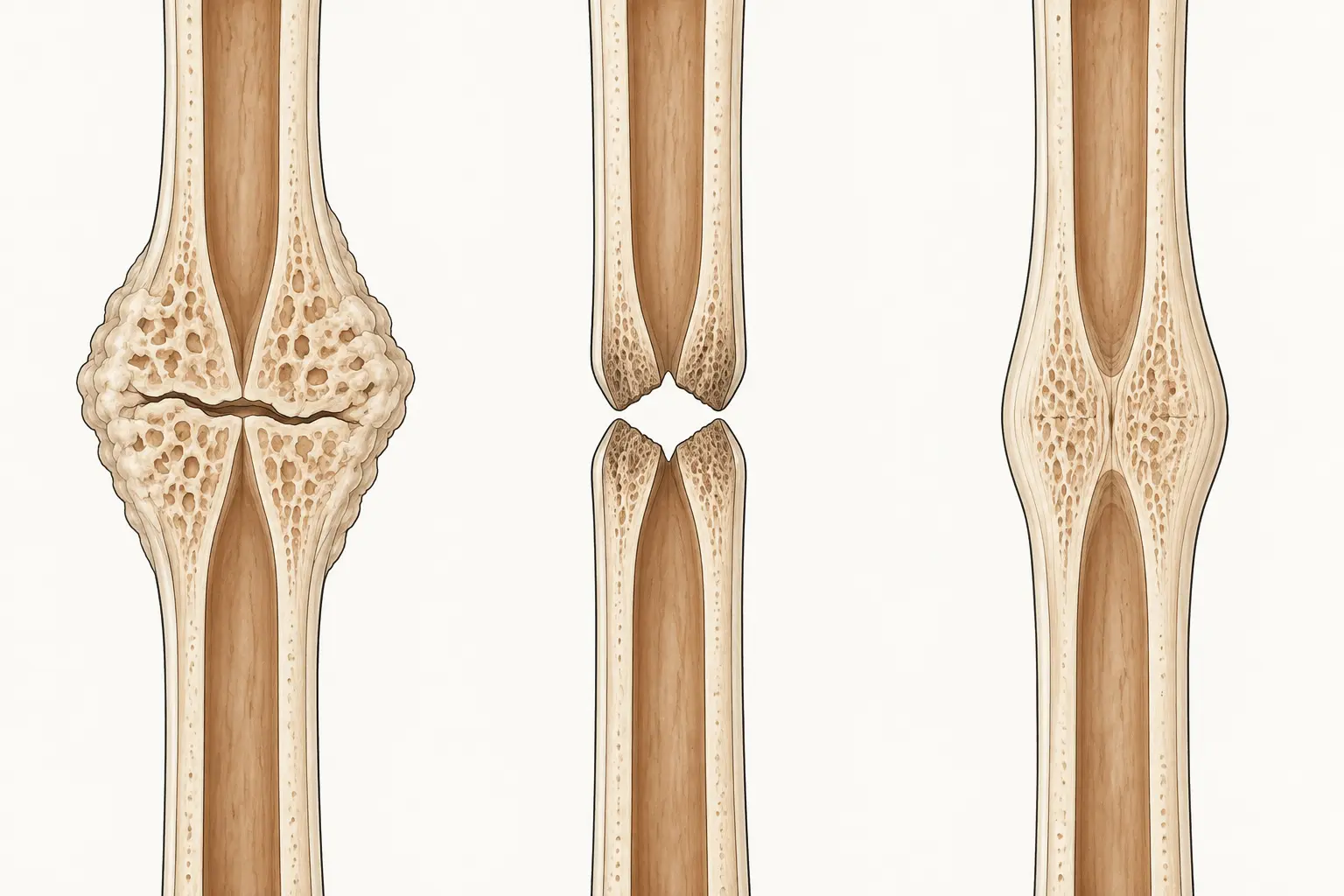 Três painéis com o mesmo osso longo em corte longitudinal. À esquerda, extremidades separadas por linha fina envolvidas por massa volumosa e irregular, sem faixa contínua atravessando o foco. No meio, extremidades afiladas e escleróticas separadas por vão vazio, sem massa ao redor. À direita, extremidades em contato com faixa contínua unindo as corticais e contorno externo liso.