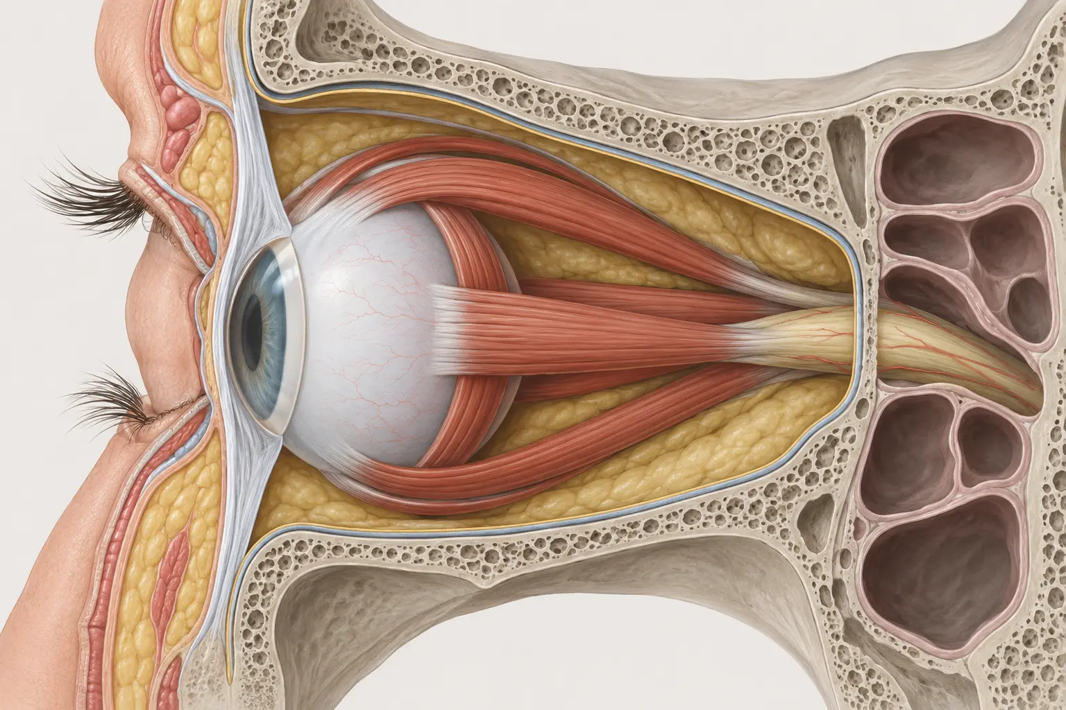 Corte esquemático sagital da órbita mostrando o septo orbitário como uma membrana que vai da borda óssea às pálpebras, separando o compartimento pré-septal, à frente, do pós-septal, atrás; identificam-se ainda a periórbita revestindo a parede óssea, o espaço subperiosteal entre elas e o cone formado pelos músculos retos extraoculares em torno do globo.