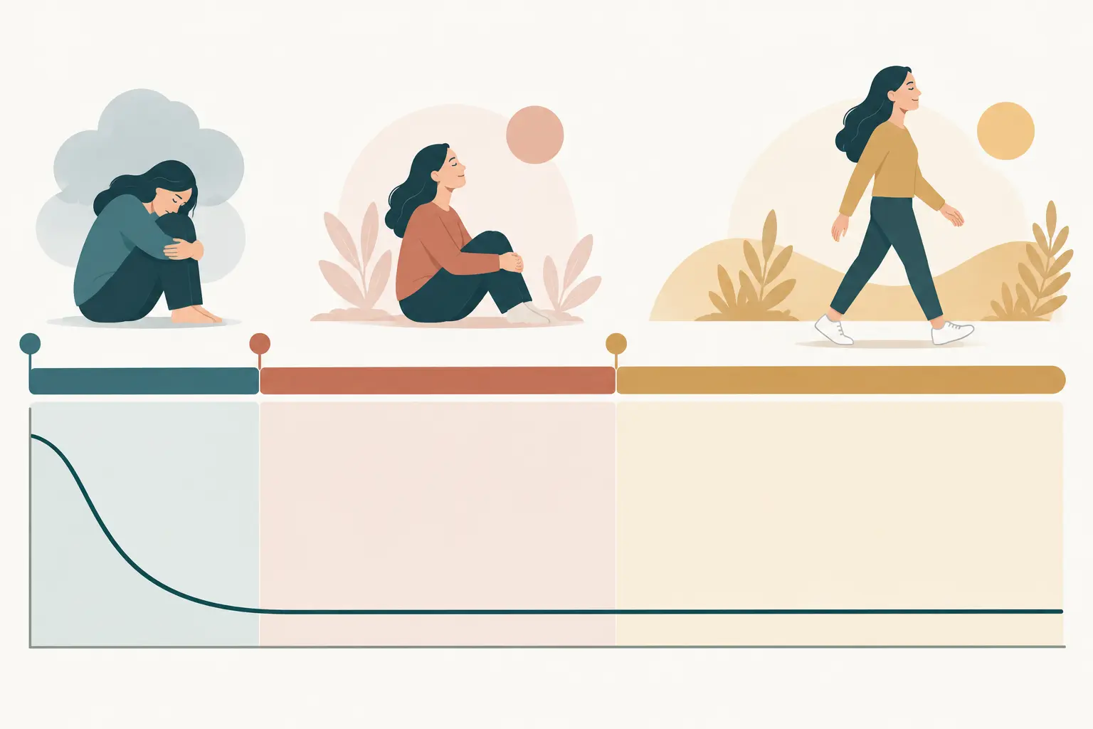 Linha do tempo com as três fases do tratamento antidepressivo e a curva de sintomas caindo na primeira fase e permanecendo baixa nas seguintes