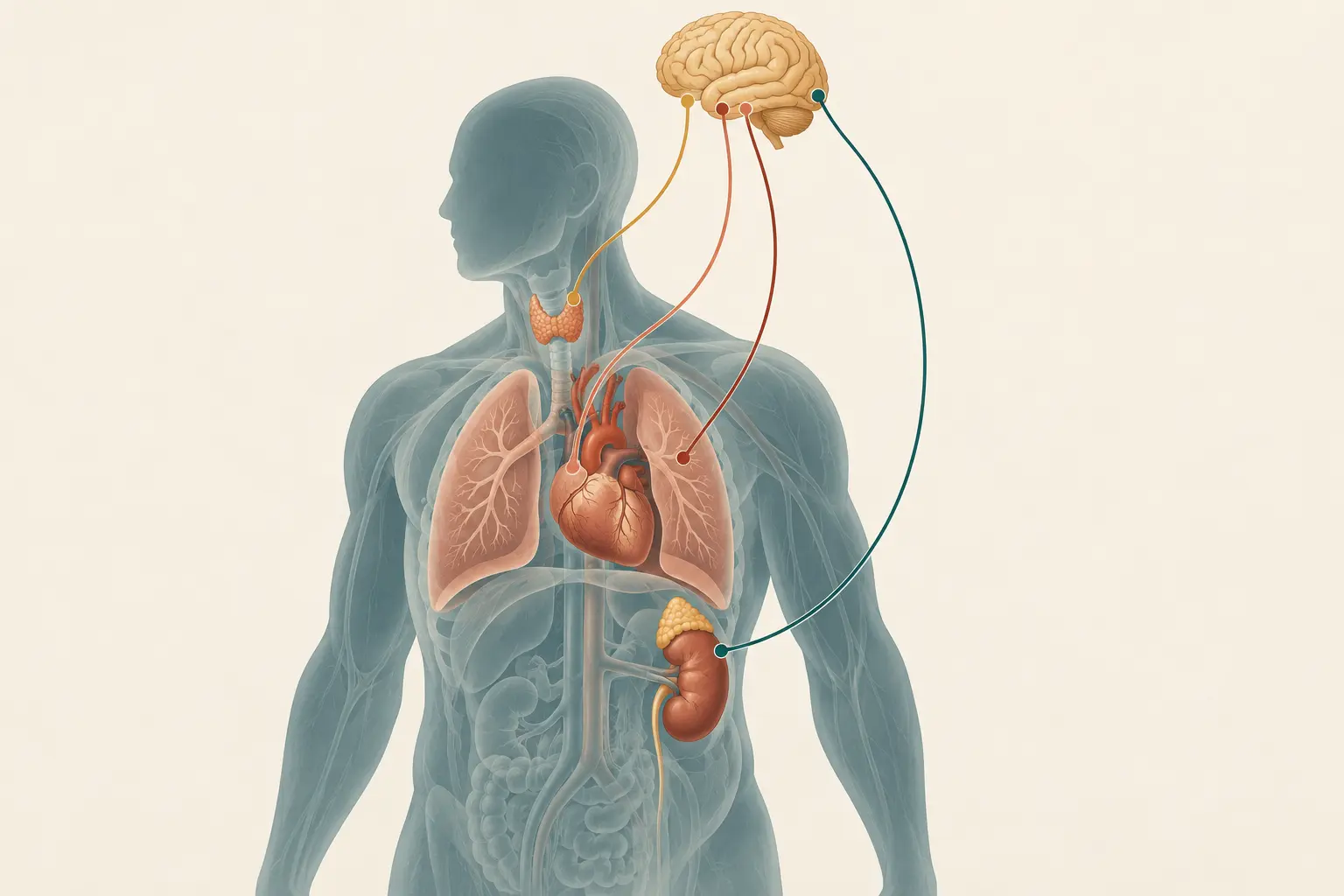 Silhueta de tronco humano com tireoide, coração, pulmões e suprarrenal destacados, ligados por linhas finas a um encéfalo estilizado no topo.