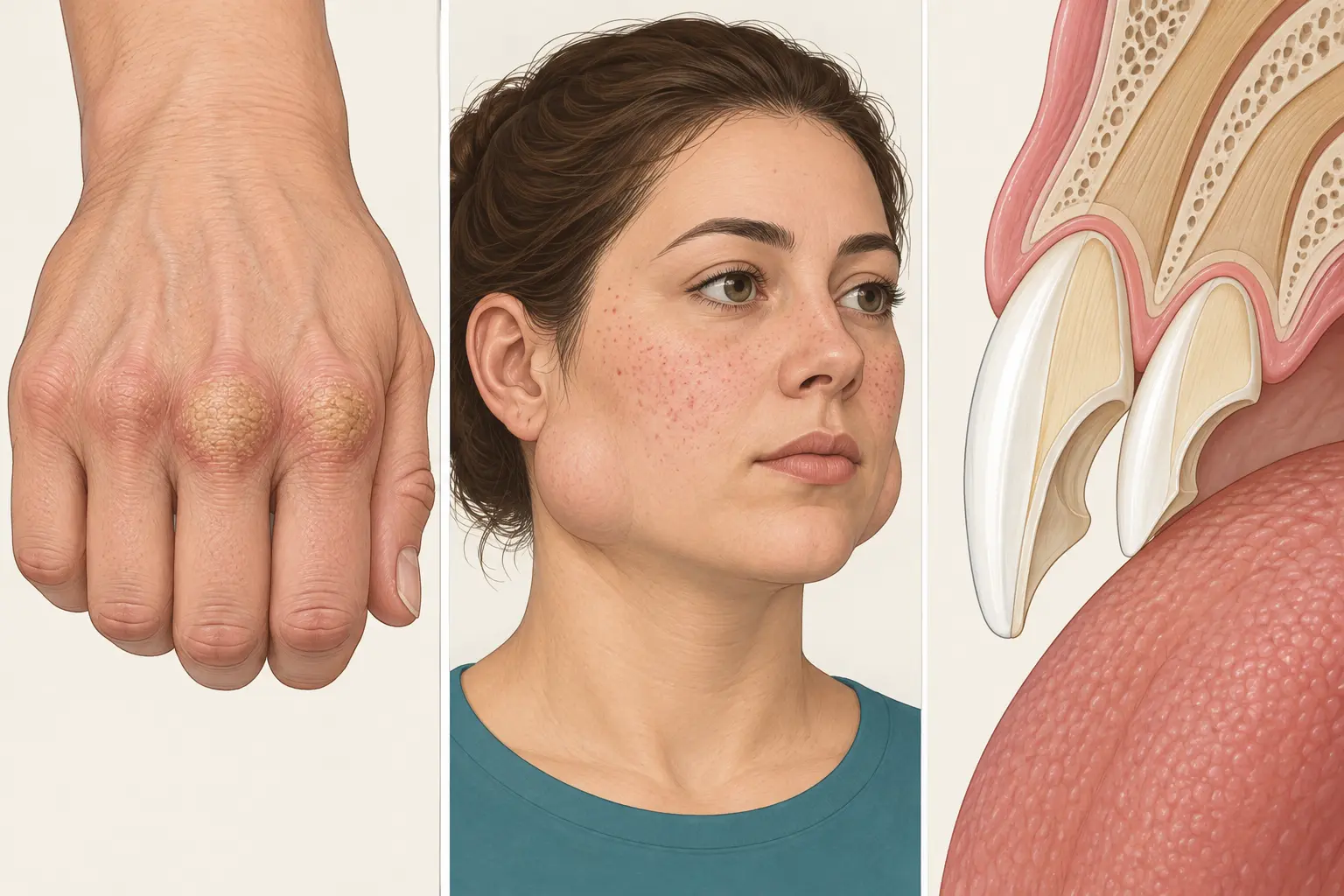Três painéis: calosidade sobre as articulações dos dedos no dorso da mão, aumento arredondado das parótidas abaixo das orelhas com petéquias faciais, e corte dos incisivos superiores com o esmalte da face lingual erodido.