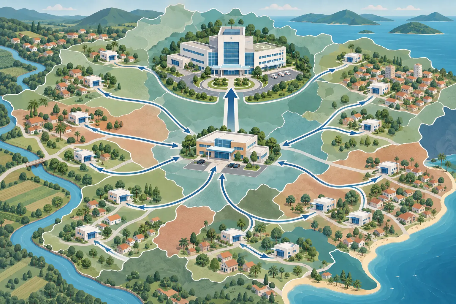 Mapa estilizado de municípios vizinhos com várias unidades básicas de saúde conectadas por linhas a um centro de especialidades e a um hospital de referência