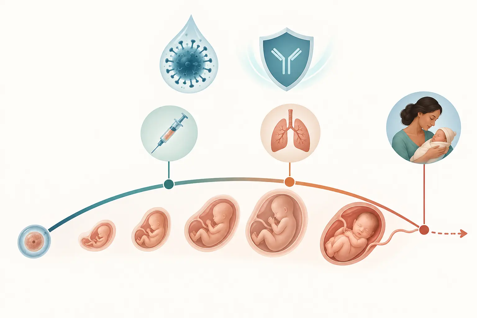 Linha do tempo da gestação com marcos de vacinação: uma dose intramuscular no segundo trimestre, uma dose respiratória no terceiro trimestre e uma janela de resgate após o parto, com duas vacinas aplicáveis em qualquer momento.