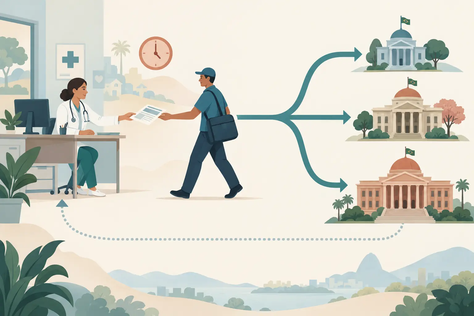 Ilustração do fluxo da notificação: da unidade que atende, a comunicação segue para as três esferas de gestão, e a informação retorna à unidade.