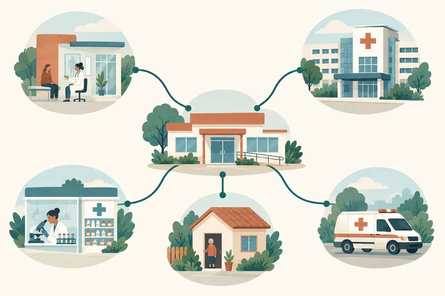 Ilustração de uma região de saúde desenhada como rede horizontal, com a unidade básica ao centro ligada por linhas de mesma espessura a ambulatório especializado, hospital, laboratório e farmácia, domicílio e ambulância.