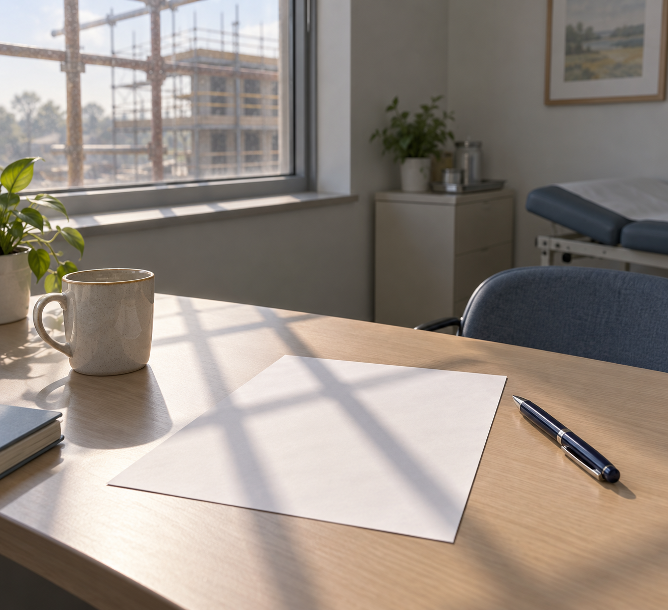 Uma folha de papel em branco sobre a mesa de um consultório de unidade básica, com a sombra de andaimes e da esquadria da janela atravessando a página; ao fundo, desfocada, a silhueta de uma obra.
