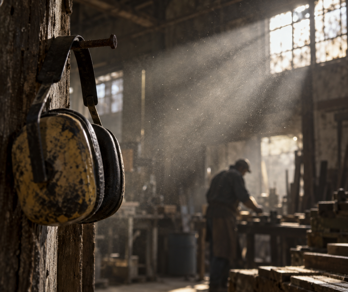 Feixe de luz atravessando um galpão industrial e revelando poeira fina em suspensão no ar; em primeiro plano, um protetor auricular pendurado num prego.