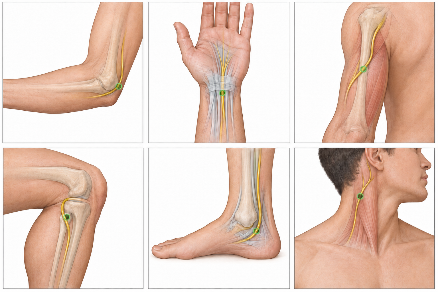 Seis detalhes anatômicos de palpação: ulnar no cotovelo, mediano no punho, radial no braço, fibular comum junto ao colo da fíbula, tibial posterior atrás e abaixo do maléolo medial e auricular magno sobre o esternocleidomastóideo.