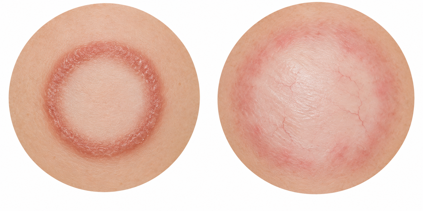 À esquerda, placa anular de borda elevada e descamativa; à direita, área mais extensa com borda pouco definida, brilho e vasos superficiais após uso prolongado de corticoide.