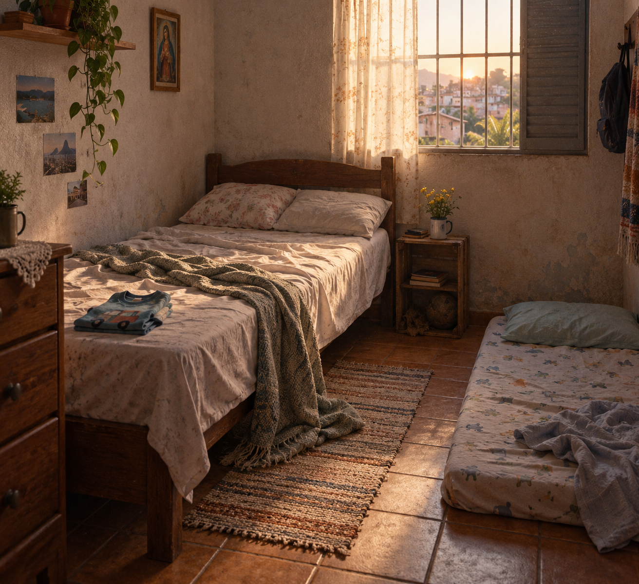 Quarto pequeno ao amanhecer, com uma cama de casal desarrumada, duas almofadas lado a lado, uma camiseta infantil dobrada no canto do colchão e um colchão menor no chão ao lado.
