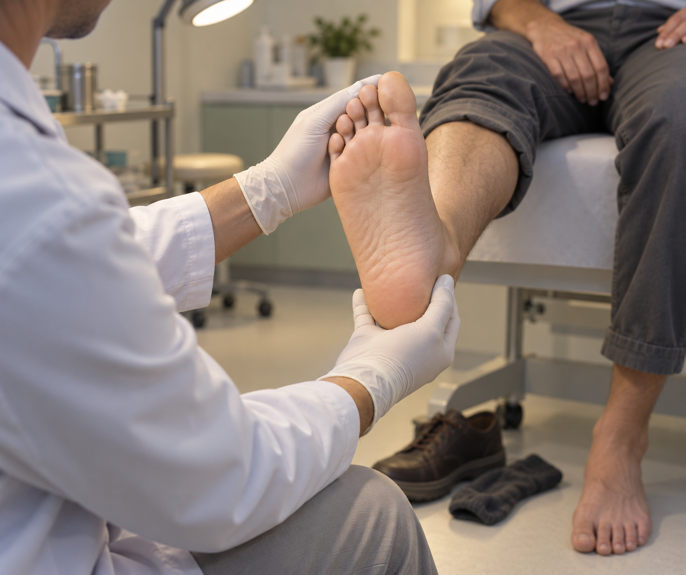 Profissional de saúde com luvas segura o pé de um paciente sentado numa maca e gira a sola para cima, sob luz dirigida, para examinar toda a superfície plantar. O sapato e a meia estão no chão ao lado da maca.