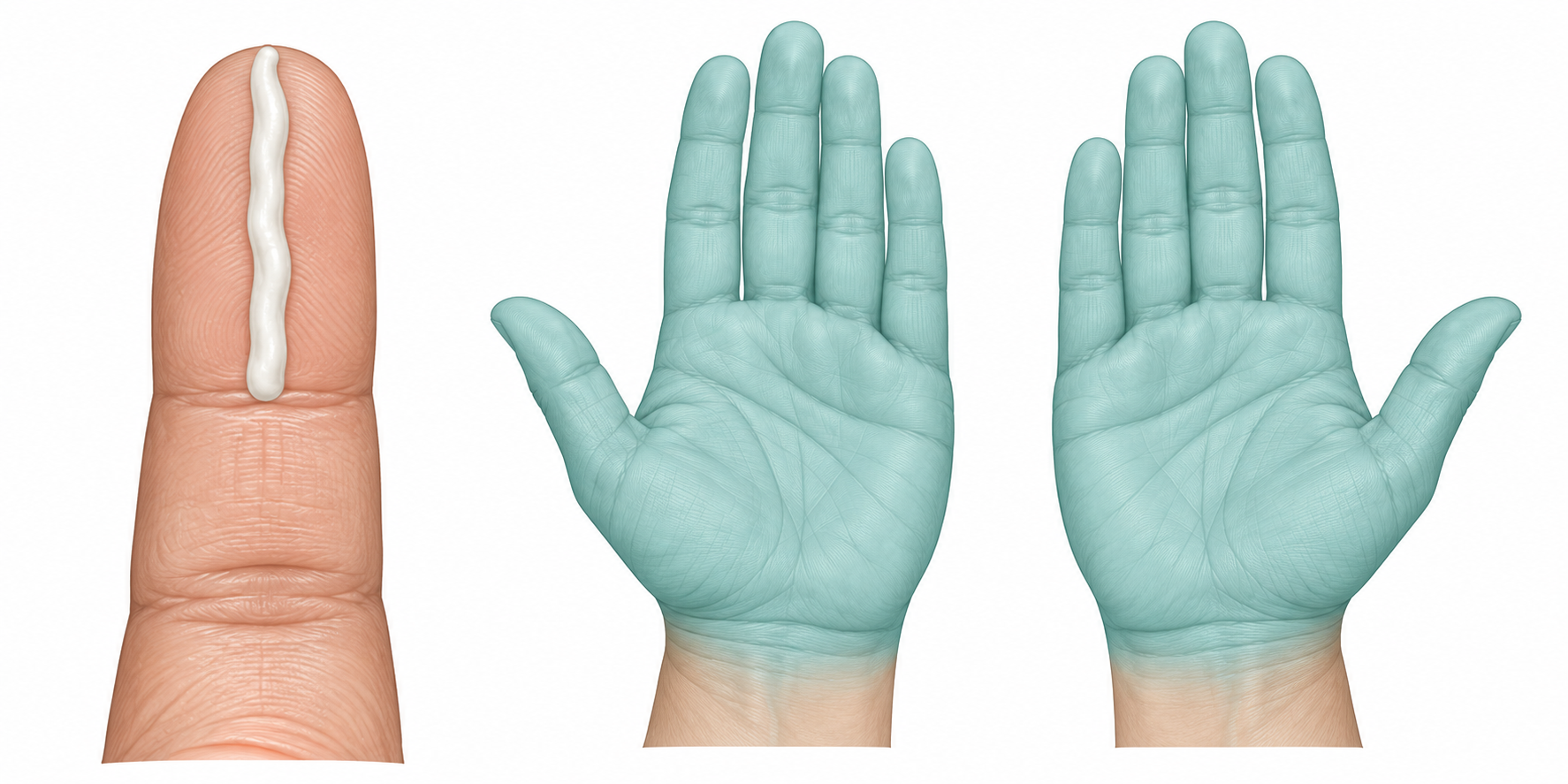 Fita de creme sobre a face palmar da ponta do indicador, da prega distal à extremidade; ao lado, duas mãos inteiras, incluindo dedos, destacadas.