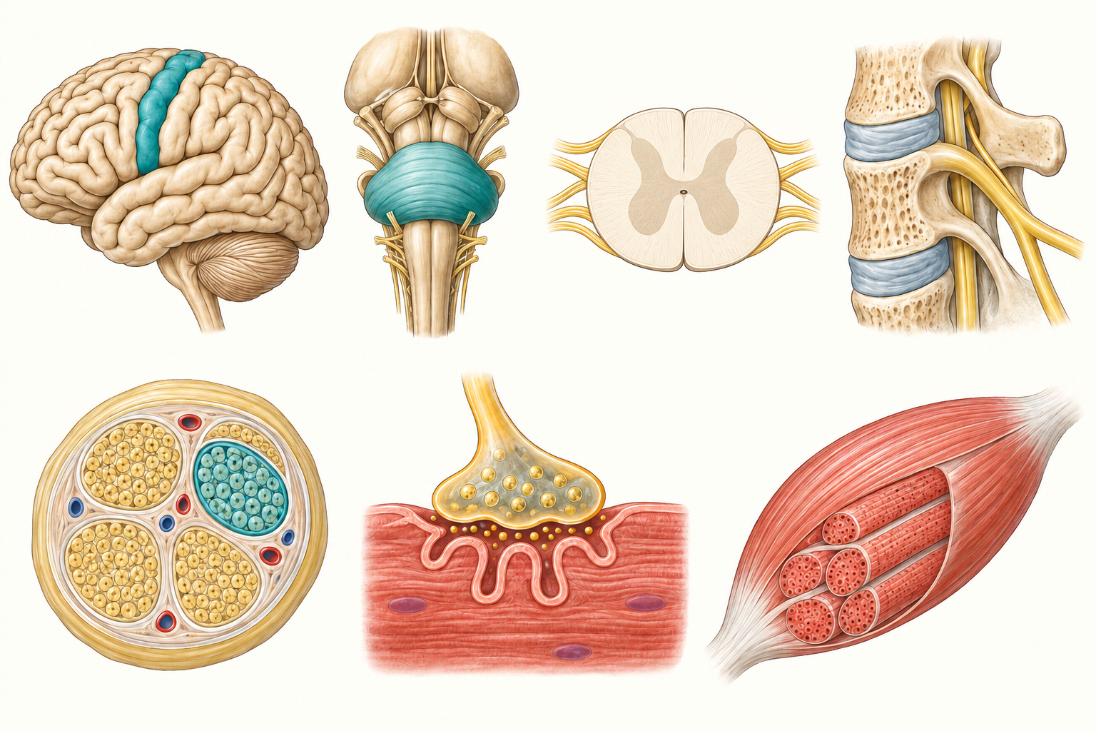 Sete esquemas dos níveis de localização neurológica: córtex, tronco, medula, raiz, nervo, junção neuromuscular e músculo.