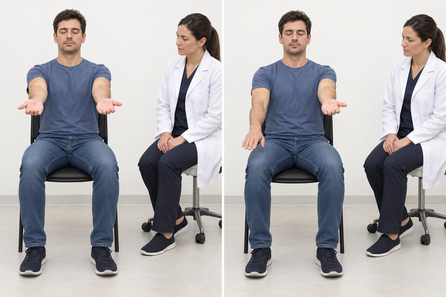 Duas cenas da prova dos braços estendidos, com queda e pronação de um braço na segunda.