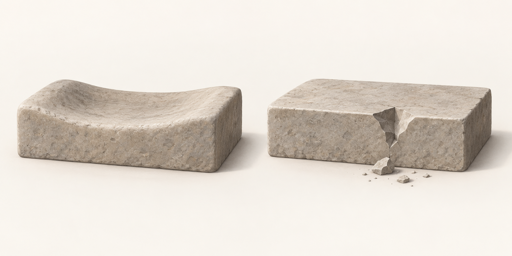 Pedra desgastada suavemente e degrau com lasca recente, metáforas de evolução temporal.