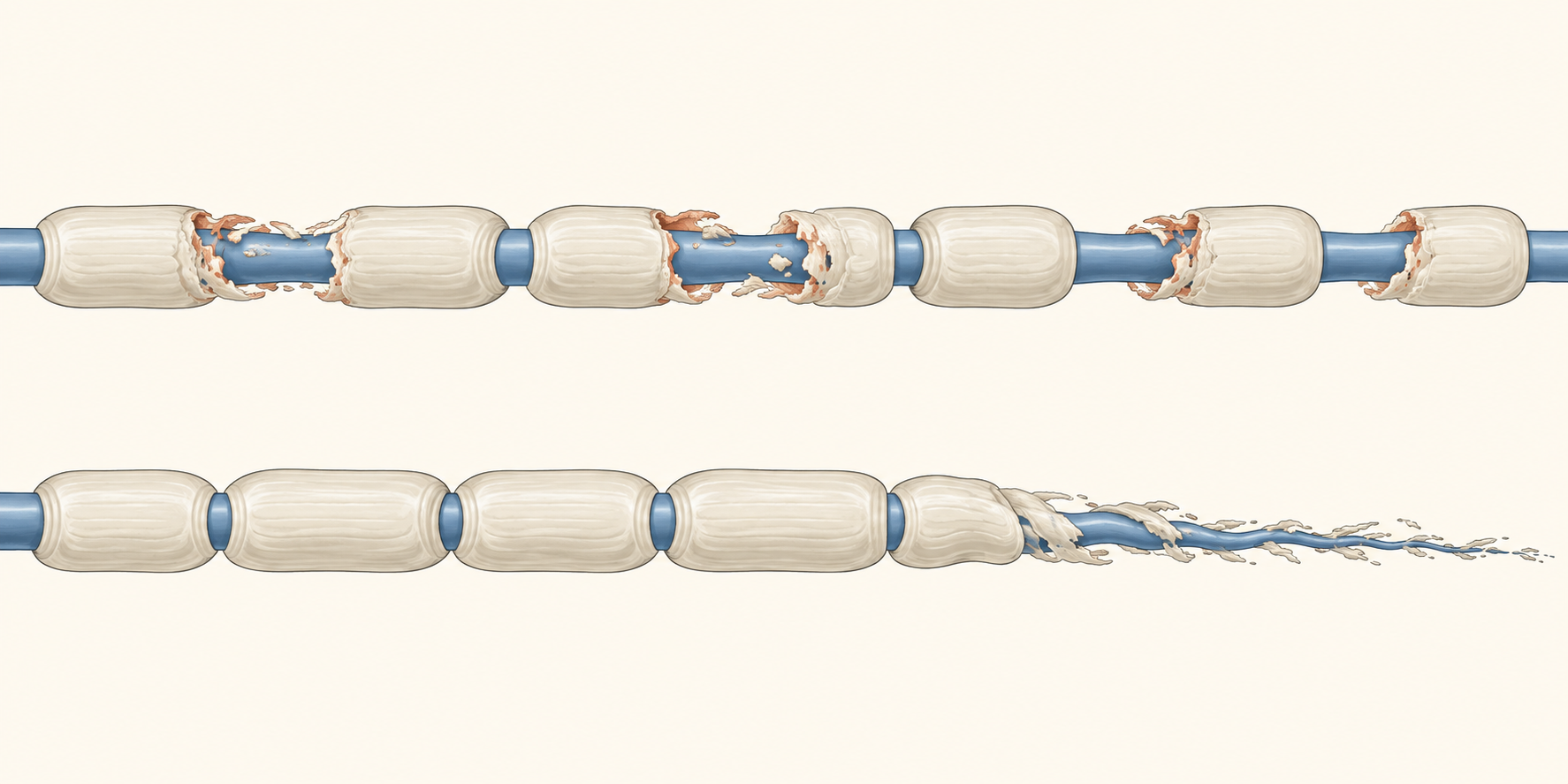 Nervo com áreas multifocais de desmielinização acima e axônio com perda distal progressiva abaixo.