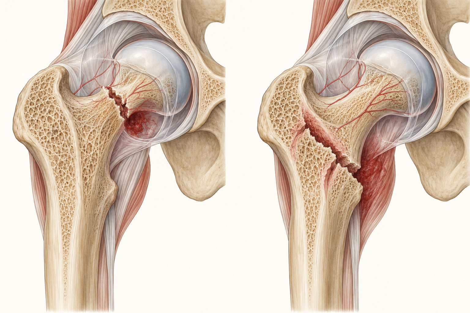 Esquemas de fratura intracapsular do colo femoral e extracapsular intertrocantérica.