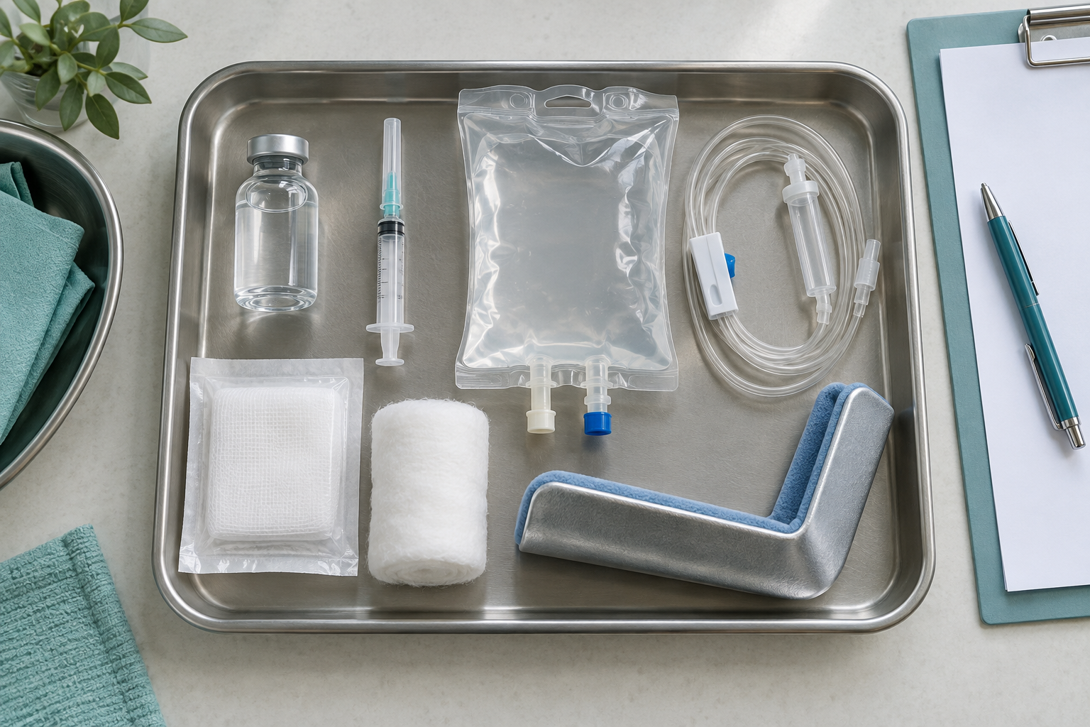 Bandeja organizada com frasco, seringa protegida, bolsa de solução, gaze, acolchoamento, tala e papel.