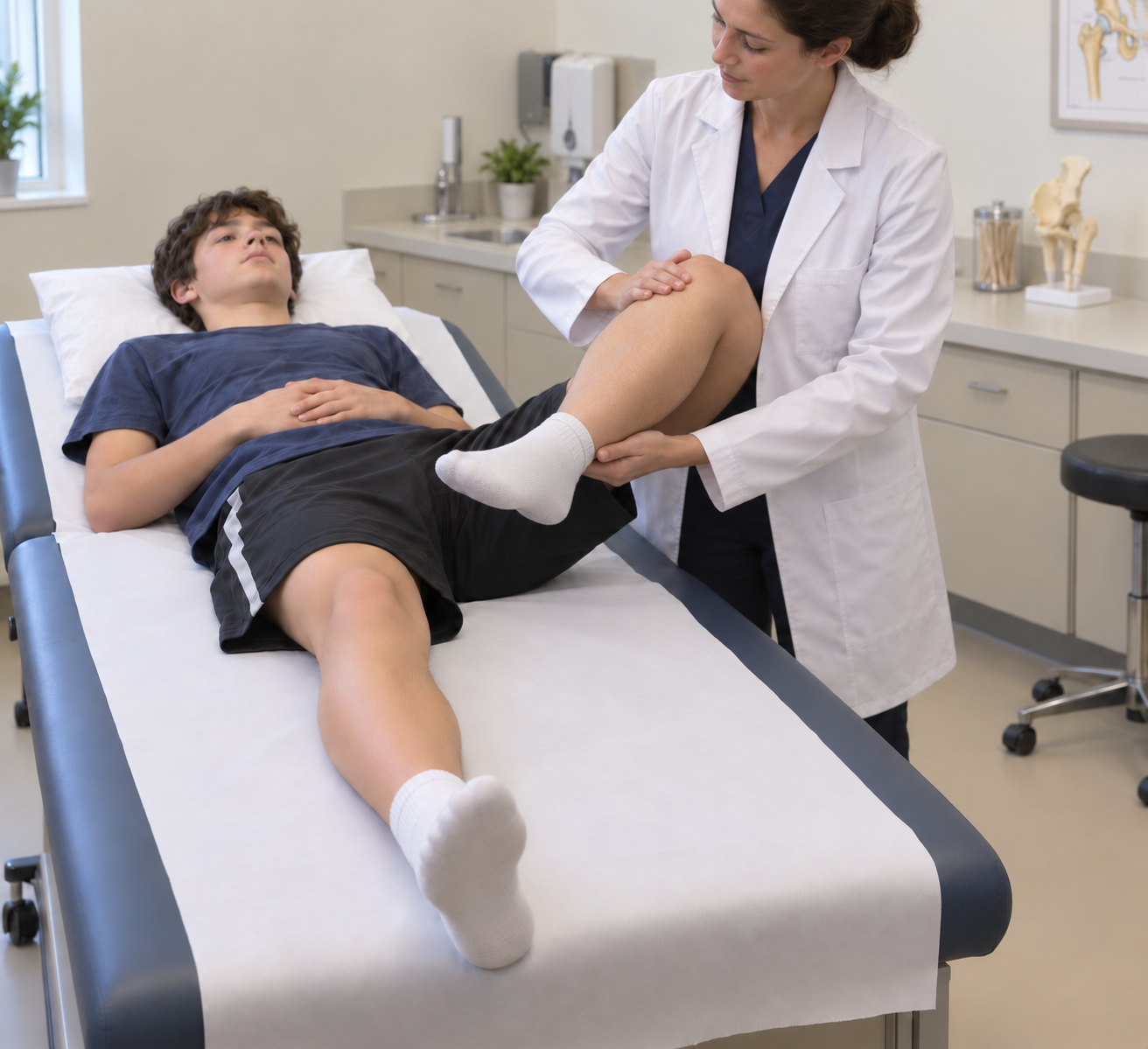 Adolescente deitado com um quadril flexionado, abduzido e rodado externamente, apoiado por profissional.