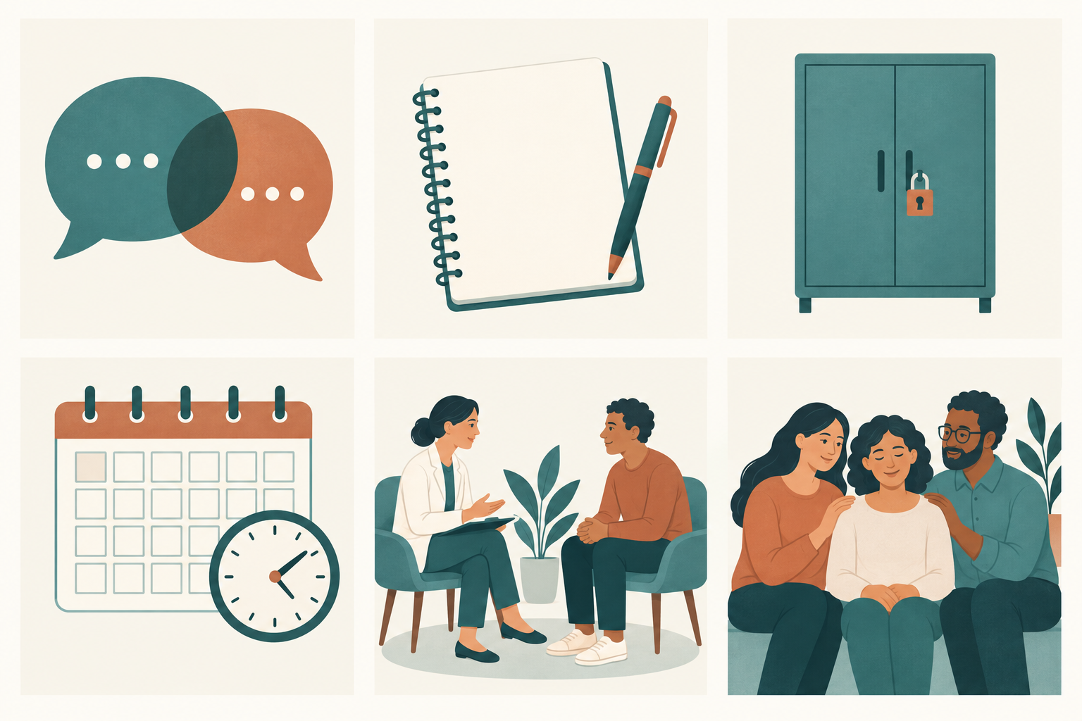Seis ícones de entrevista, planos, segurança ambiental, história, estado clínico e rede de apoio.