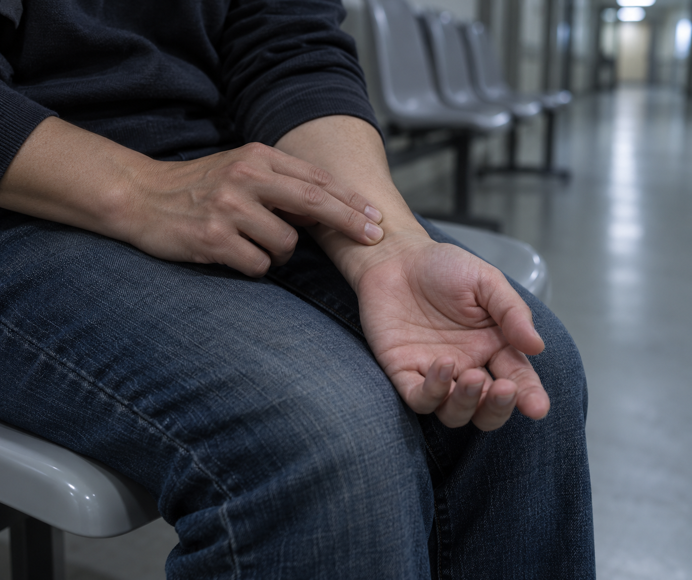 Pessoa sentada na sala de espera toca o próprio punho com dois dedos.
