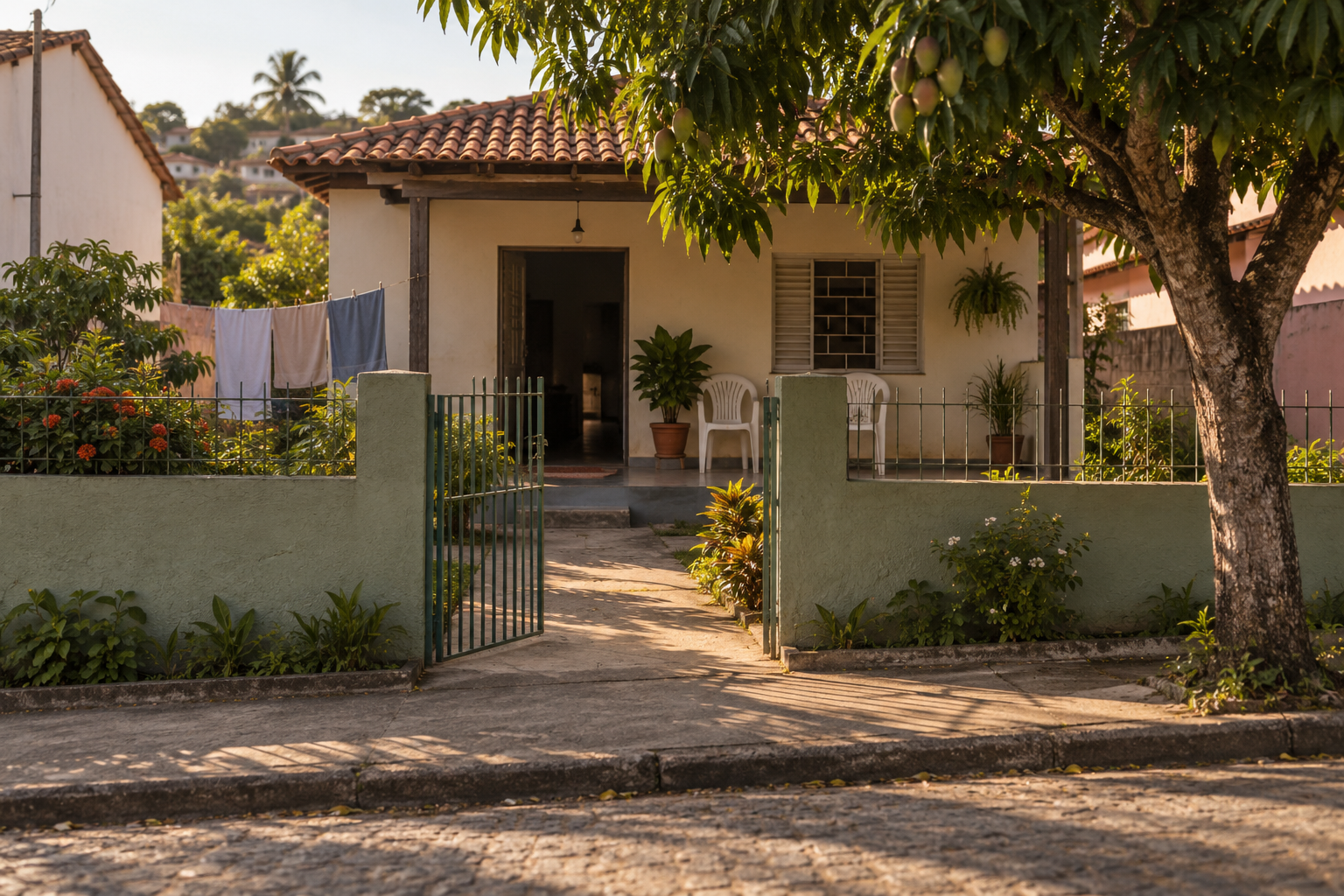 Casa térrea brasileira com portão aberto, cadeiras na varanda, plantas e varal.