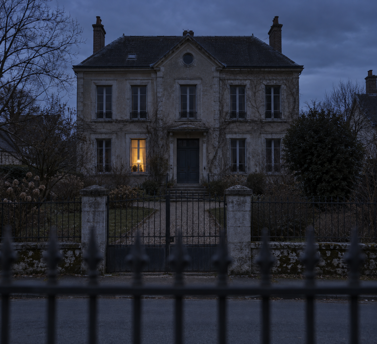 Casa antiga de dois andares ao anoitecer com apenas uma janela iluminada.