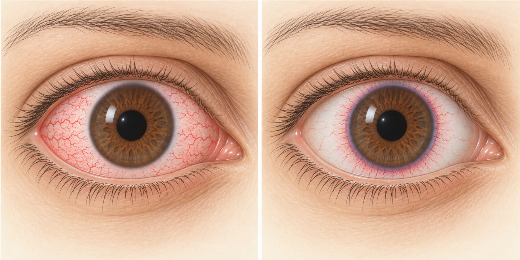 Dois olhos com pupilas iguais comparam hiperemia conjuntival difusa e concentração vascular pericorneana.