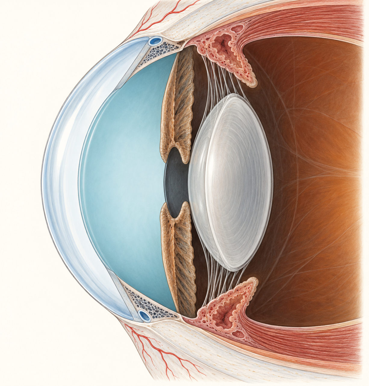 Corte do segmento anterior com córnea, câmara anterior, íris, cristalino, corpo ciliar e ângulo de drenagem.