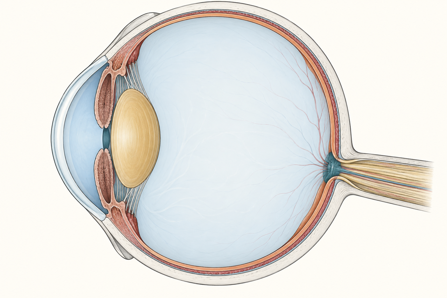 Globo ocular em corte com cristalino, vítreo, retina e cabeça do nervo óptico destacados.