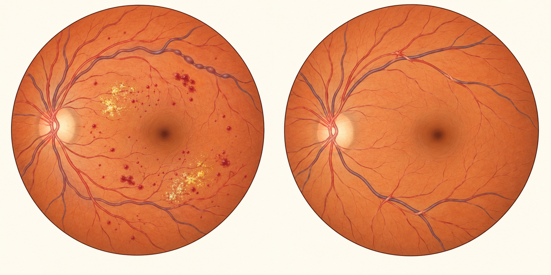 Dois fundos de olho desenhados mostram alterações diabéticas e alterações arteriolares hipertensivas.