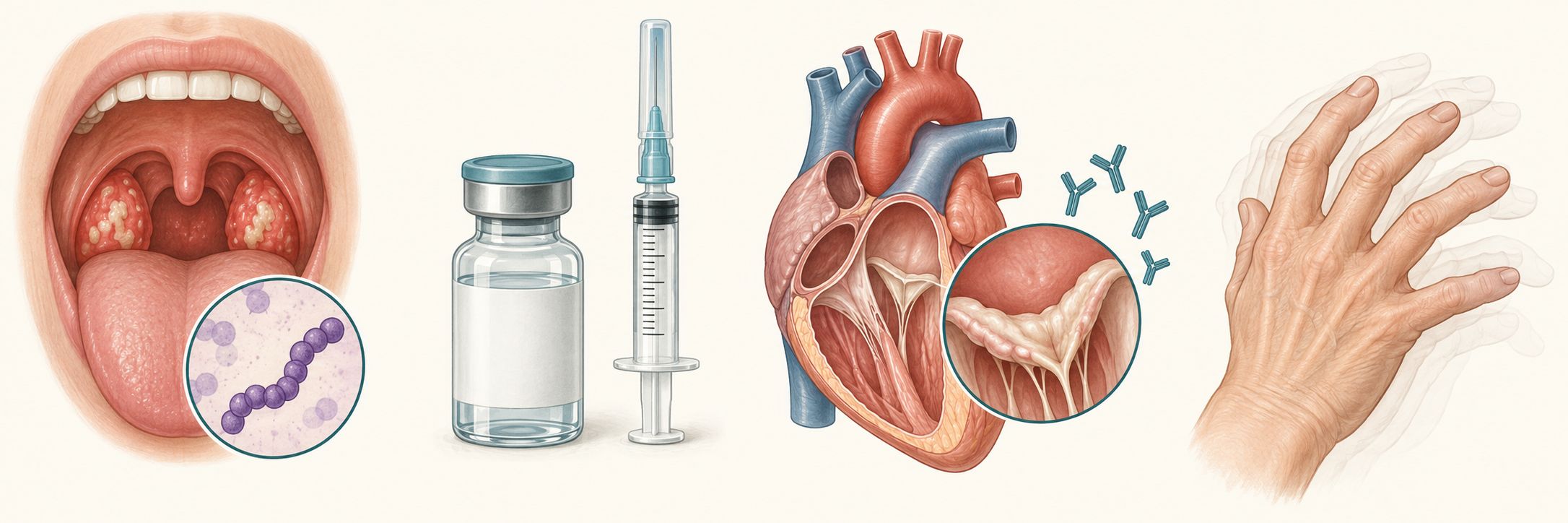Quatro vinhetas mostram faringite, antibiótico, acometimento valvar e movimentos involuntários.