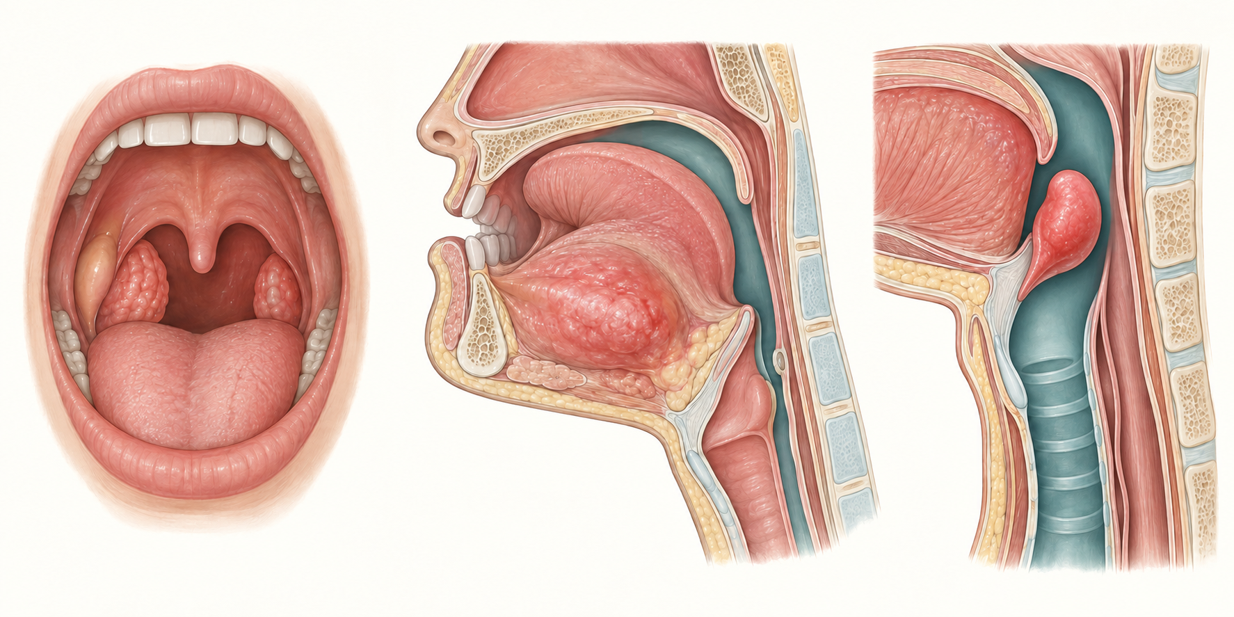 Três esquemas separados de coleção periamigdaliana, edema sublingual e epiglote edemaciada.