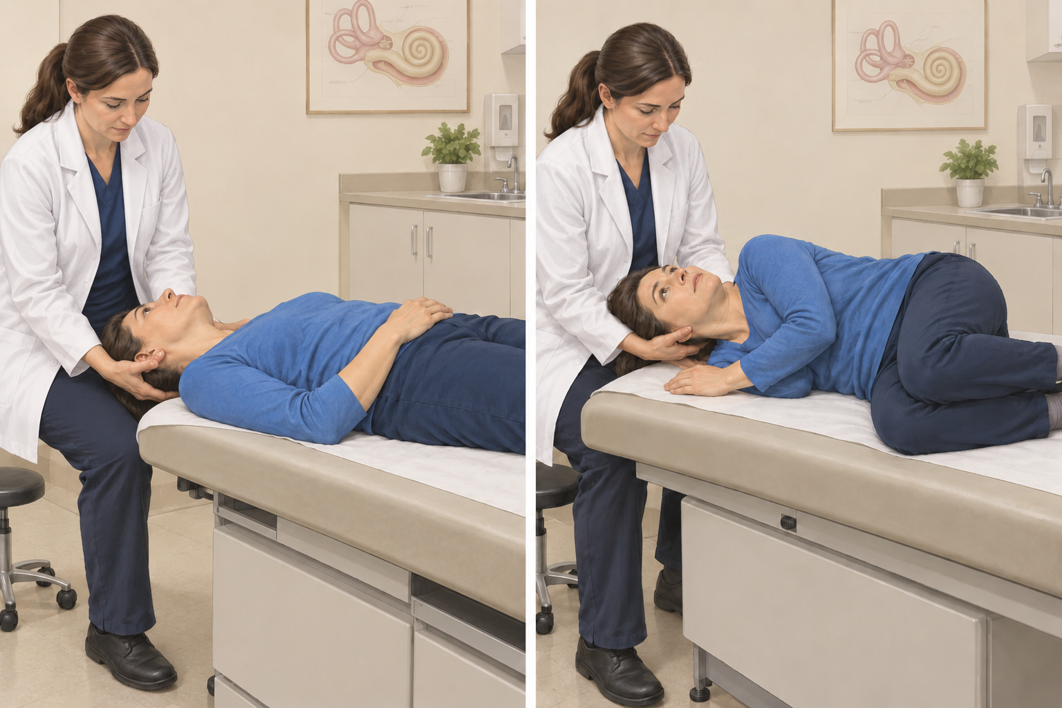 Dois posicionamentos vestibulares: supino com cabeça pendente apoiada e decúbito lateral.