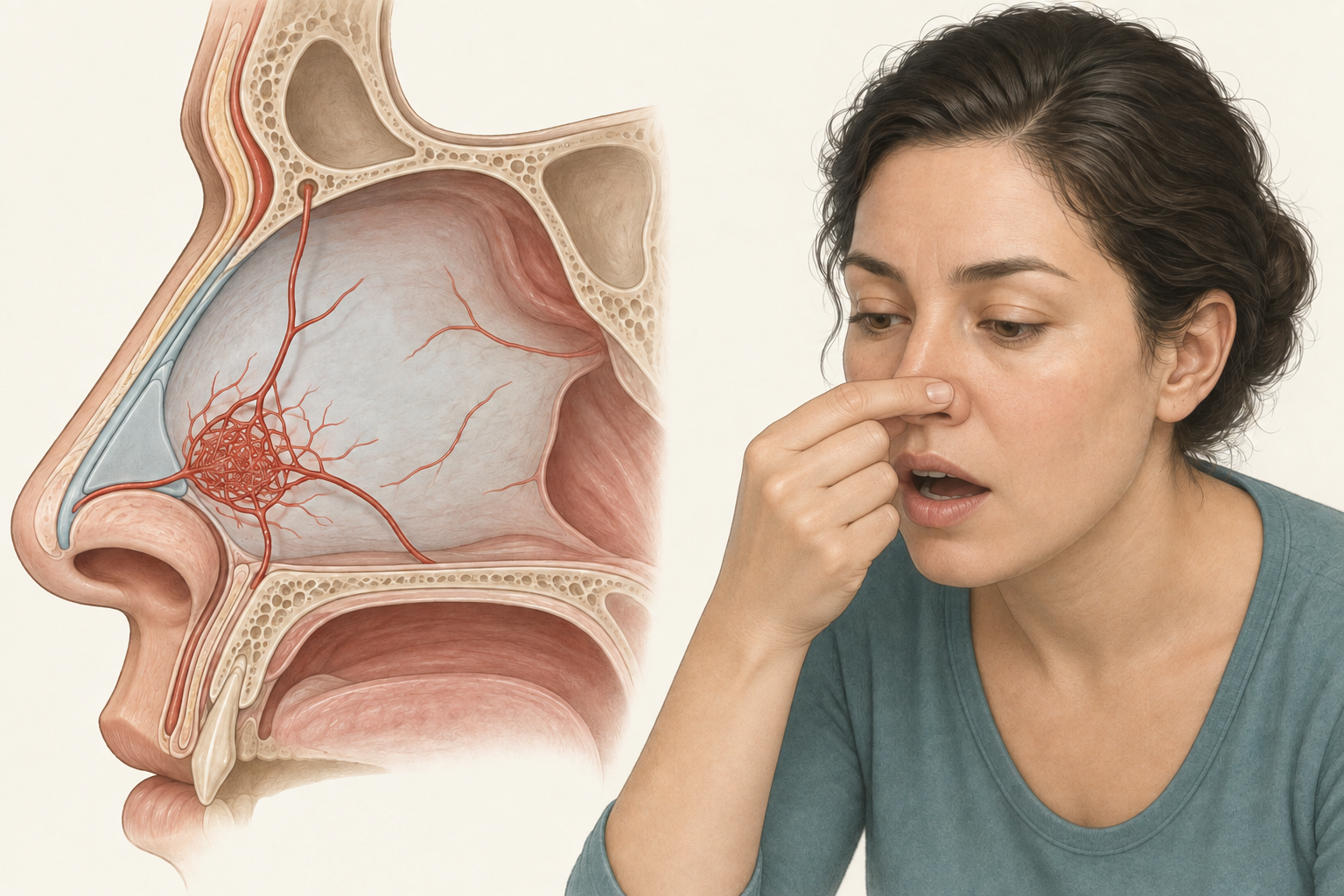 Rede vascular anterior do septo e pessoa comprimindo a parte mole do nariz com uma mão.