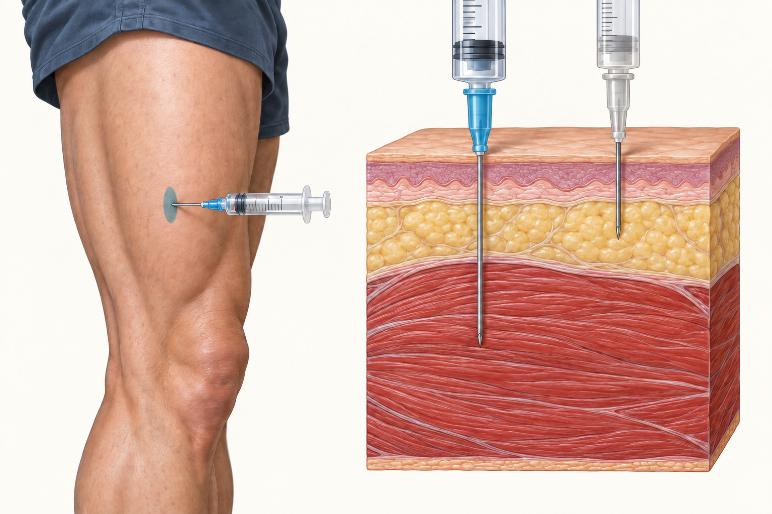 Um único ponto na face anterolateral da coxa e comparação de profundidade muscular e subcutânea.