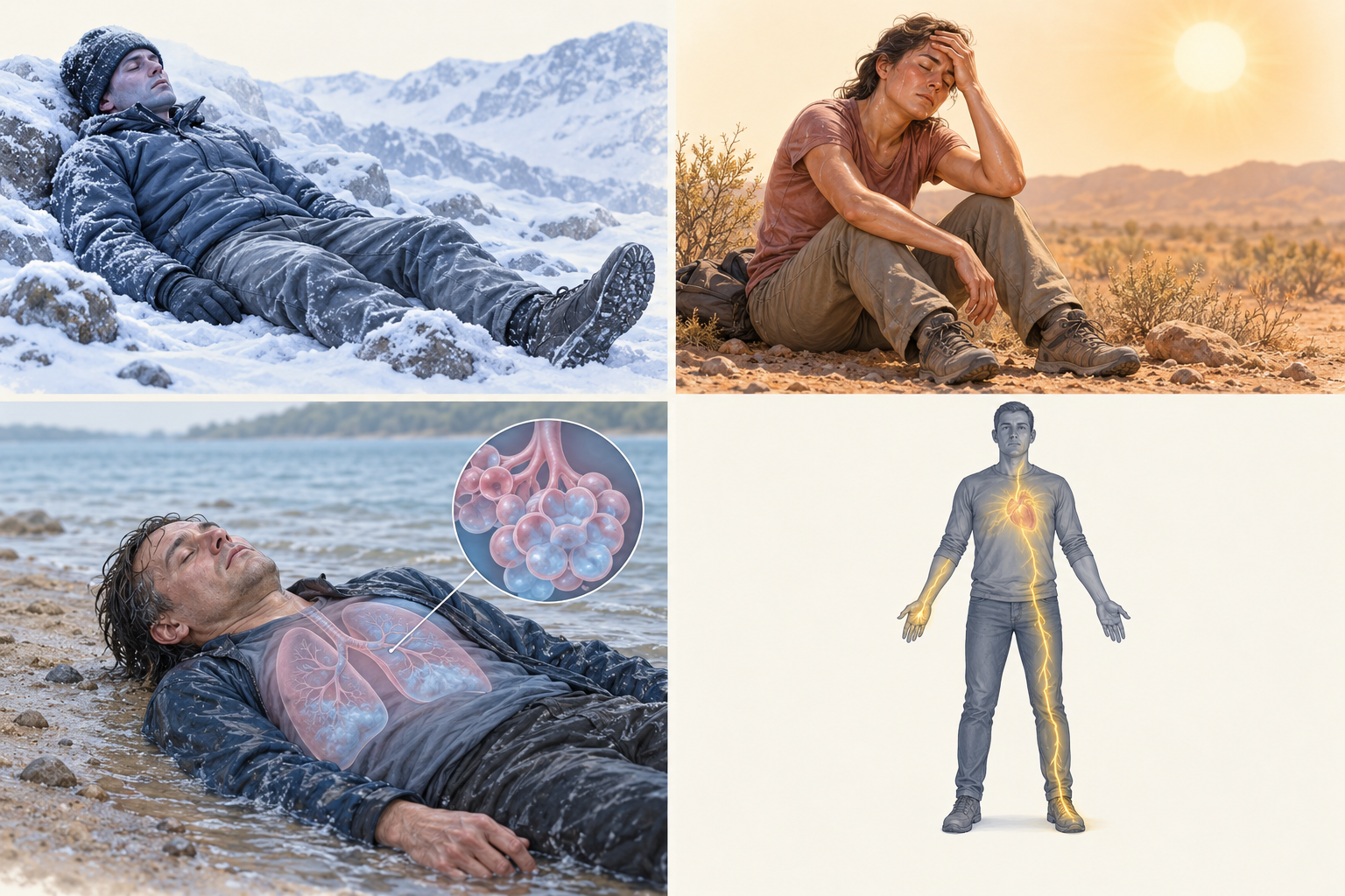 Quatro quadros ilustram frio, calor, lesão respiratória após afogamento e corrente elétrica.