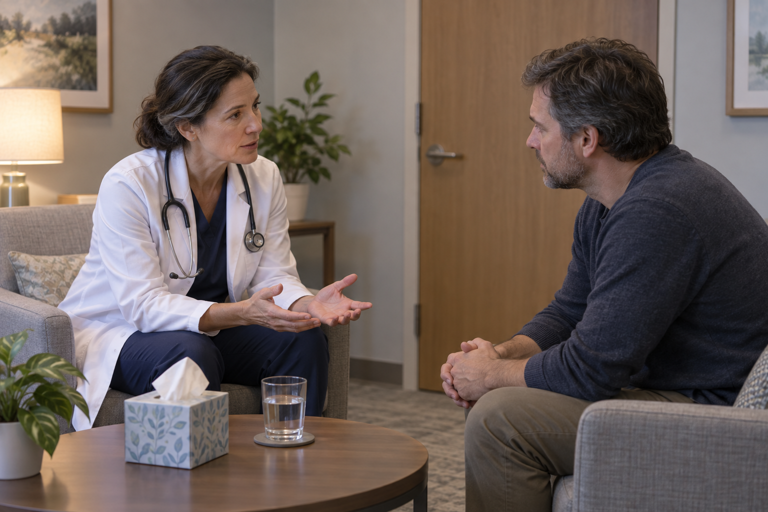 Médica sentada à mesma altura de um familiar, em sala reservada, com água e lenços sobre a mesa.
