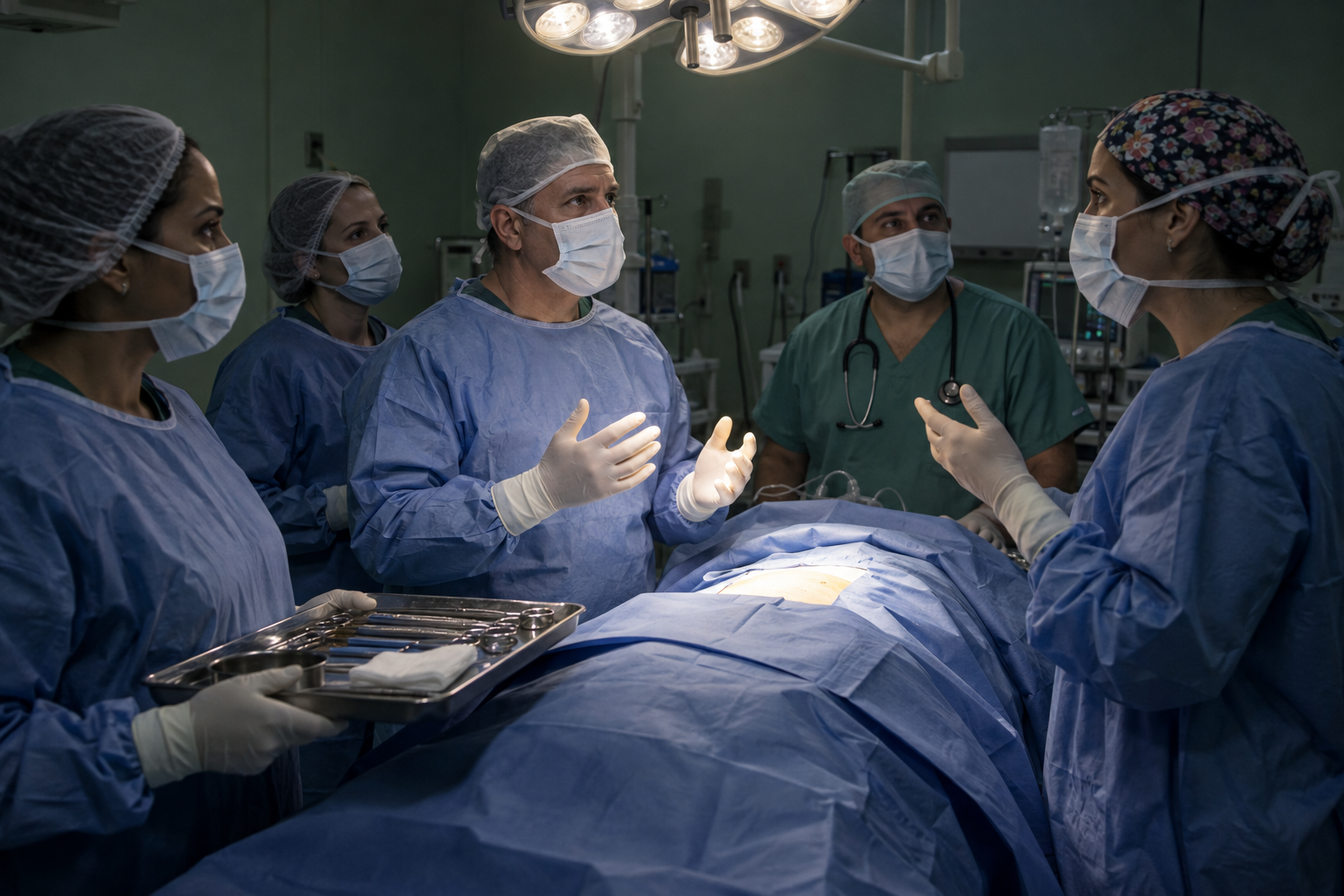 Sala de cirurgia com o paciente coberto por campos cirúrgicos azuis e cinco profissionais paramentados imóveis ao redor da mesa. O cirurgião mantém as mãos enluvadas erguidas e afastadas do campo operatório, sem tocar nada; a instrumentadora segura a bandeja parada; o anestesista está junto à cabeceira. Todos olham na mesma direção, para uma pessoa fora do centro da imagem que está falando. O foco cirúrgico ilumina os campos e o restante da sala fica em penumbra. Nenhum instrumento está em contato com o paciente e nenhum trabalho está em andamento.