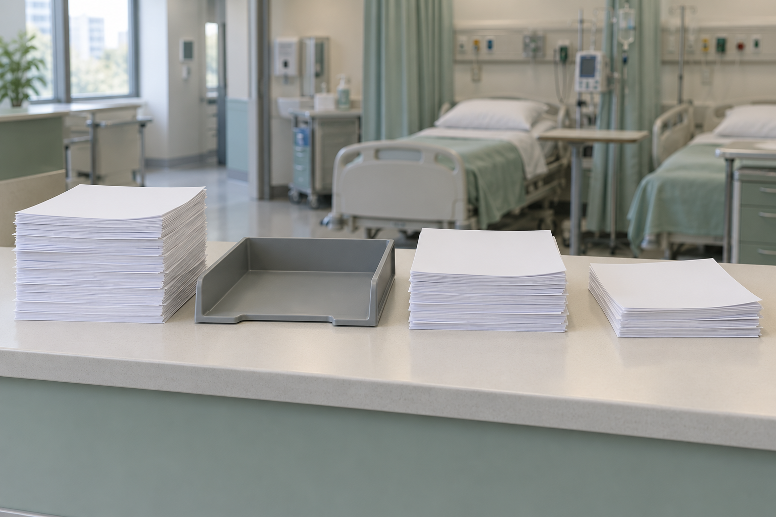 Três pilhas separadas de folhas de papel em branco sobre o balcão de um posto de enfermagem, com uma bandeja de documentos vazia entre elas.